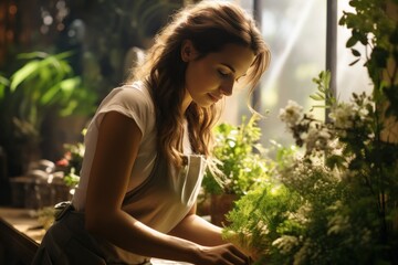 Young female florist caring for plants in home garden
