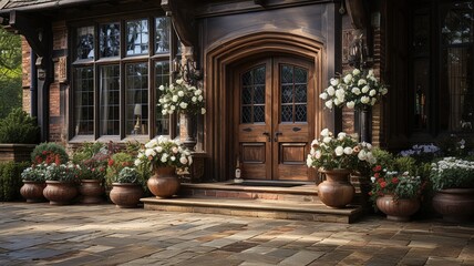a mansion with a wooden door and flowers in front of it. High quality photo