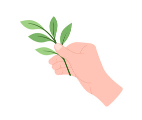 Hand holding plant stem concept. Human palm with part of flower. Botany and floristry. Graphic element for website. Cartoon flat vector illustration isolated on white background