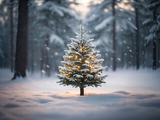 fir tree decorated with christmas lights and snow falling in forest