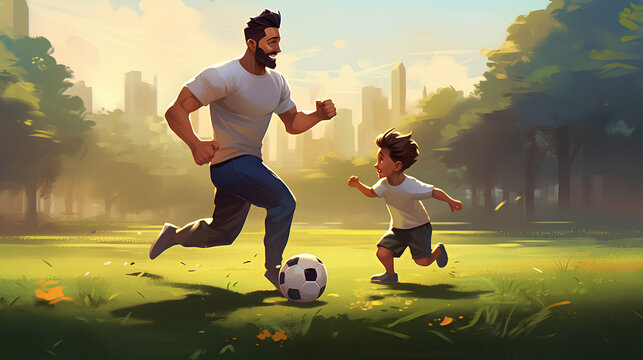 An ethnic family consisting of a father and son enjoying a game of football together in a summer park.