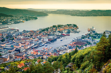 Panorama of Bergen, Vestland County, Norway, seen from Mt. Floyen viewpoint.