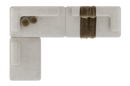 top view of L-shaped fabric sofa, for interior2d floor plan render, 3d rendering, on transparent background