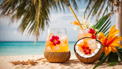 Cocktail, coconut, flowers on the background of the sea, tropical leaves - obrazy, fototapety, plakaty