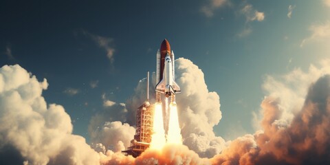 An Image of a Space Shuttle Lifting Off Through Clouds, Embarking on a Celestial Journey to the Moon and Mars, Pioneering Space Exploration and Interplanetary Adventures - obrazy, fototapety, plakaty