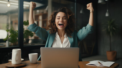 Joyful business woman freelancer entrepreneur smiling and rejoices in victory while sitting at desk and working at laptop after finishing project in home office 