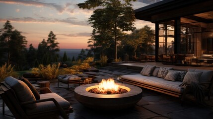 A backyard with a fire pit and a wooden patio - obrazy, fototapety, plakaty