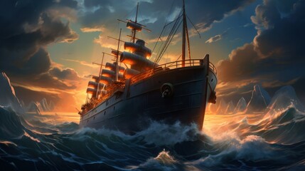 Fototapeta premium A ship in rough waters in an ominous sky