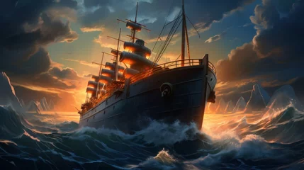 Foto auf Acrylglas Schiffswrack A ship in rough waters in an ominous sky