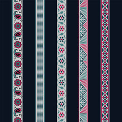 A colorful striped background with various unique seamless repeated border designs