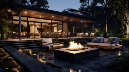 A backyard with a fire pit and a wooden patio