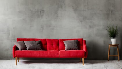 Red comfortable Sofa on Gray Rustic Concrete Wall with Space for Copy 