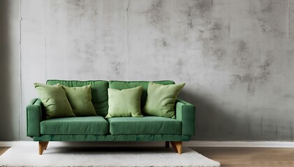 Green comfortable Sofa on Gray Rustic Concrete Wall with Space for Copy 