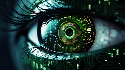 Eye iris and green electronic circuit. Artificial intelligence technology futuristic background