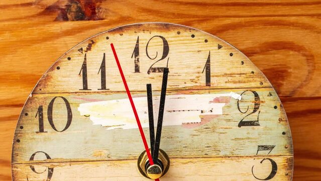 Time lapse clock on wooden background. Camera movement. Clock on wooden background close up