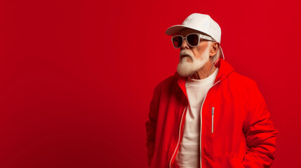 Fashionable senior wearing a red suit sunglasses and hat in red background