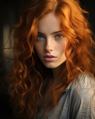 Naklejka premium Female Elegance: Close-Up Portrait of a Redhead with Freckles. Generative AI