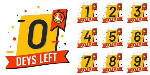 Days left number countdown set vector reminder calendar template with clock label logo illustration. 0, 1, 2, 3, 4, 5, 6, 7, 8, 9,