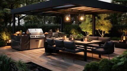 Fototapeta premium A black outdoor kitchen with plants on the deck