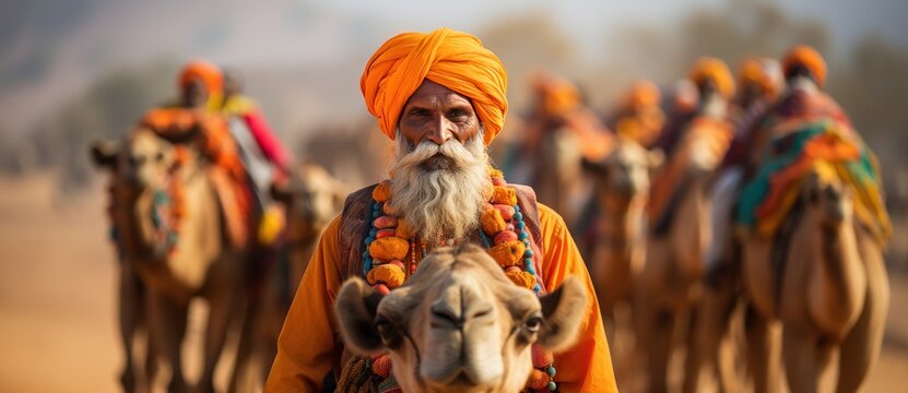 Indian men on camels in deserts of india