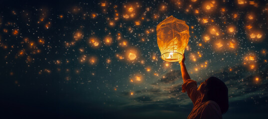 Embrace of Light concept: a girl releases a lantern into the night sky, symbolising the letting go of problems and the hope for the best. - obrazy, fototapety, plakaty