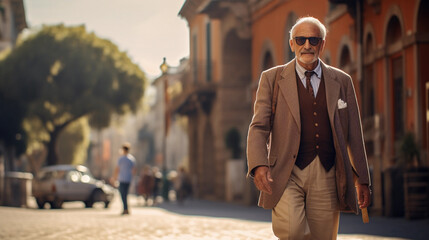 Senior grandpa wearing a fashionable suit in a side walk of Rome, standing full body portrait - obrazy, fototapety, plakaty