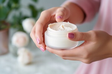 woman holding jar of moisturizing cream, closeup, cosmetic product concept