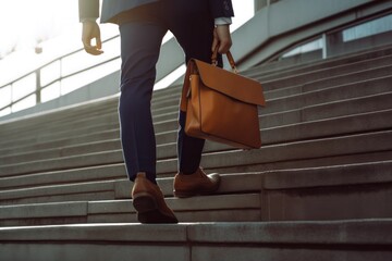 businessman with briefcase in his hand walking down steps - obrazy, fototapety, plakaty
