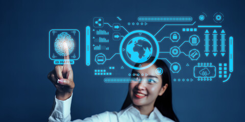 businesswoman fingerprint scanning and biometric authentication, processing of biometric for access personal data