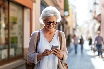 a senior woman with grey hair standing outdoors in the streets of an old town, holding a smartphone