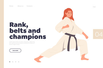 Rank, belt and champion concept for landing page design template with female karate woman character