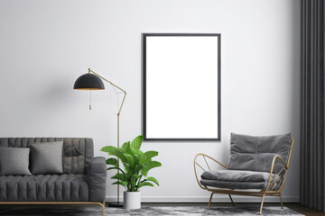 Stylish living room interior of modern apartment with gray chair, sofa, pillows, lamp, potted plant and mockup of blank white canvas picture poster frame on the wall. Modern home interior design decor