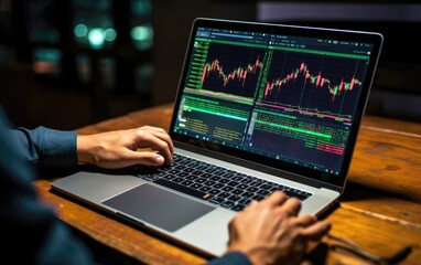 Investor stock trader broker using laptop checking trade market data. Generative AI