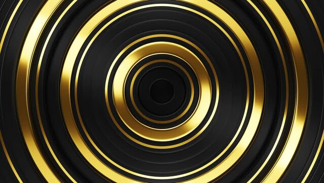 Golden rings motion background. 3d abstract animation for holiday concept. Glamour party video texture. Shiny greeting card design with glowing gold pattern. Seamless loop.