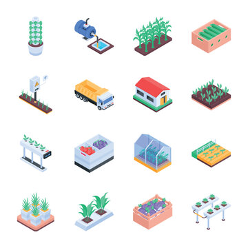 Bundle of Agricultural Production Isometric Icons 

