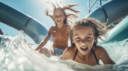 Action shot of children in swimsuits sliding down a winding water slide at a water park