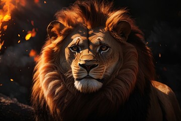 Naklejka premium Lion king in fire Portrait on black background. ai generative
