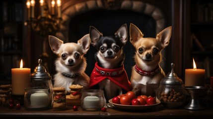 Heartwarming celebration of Chihuahuas enjoying the most spectacular Christmas party ever, surrounded by the finest Christmas decorations. The joyful Christmas scene.