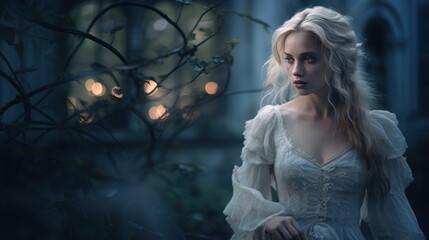 A ghostly blue-eyed girl in a tattered Victorian dress stands in the moonlit courtyard of an ancient ivy-covered mansion. Her hair is silvery white.