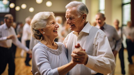 a couple of seniors dressed in comfortable dance costumes, laughing and twirling while taking ballroom dancing lessons in a community center