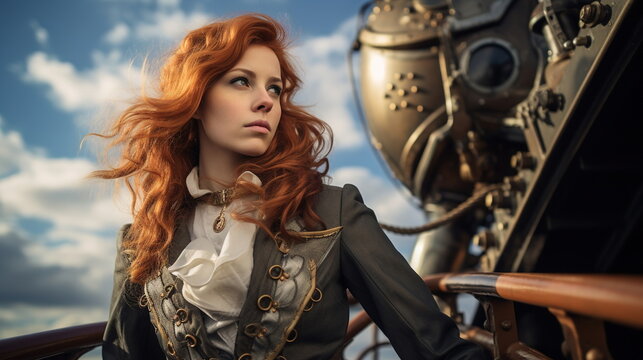 A girl with determined, steely gray eyes, dressed in an elegant steampunk pilot costume, stands on the deck of an airship.