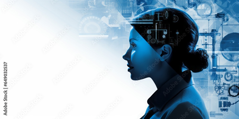 Poster womans silhouette contemplating an icon, articulating technological, theoretical, and technical unde