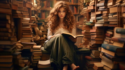 A girl with brown eyes, dressed in a cozy dress, sits in a library among tall bookshelves filled with magical books. Her hair is a warm brown color.