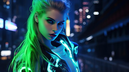 A girl, adorned with futuristic cybernetic enhancements, stands amid a green neon-lit, high-tech cityscape at dusk. Her hair is a bright neon green shade