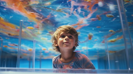 Little boy looking at an aquarium with paints