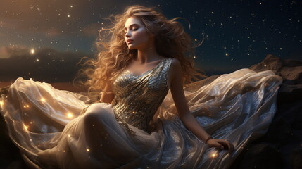 a portrait of a girl with luminous celestial-themed clothing and accessories, such as a flowing dress adorned with stars 