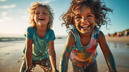 two happy mixed-sex children playing by the sea in the sand, dressed in white T-shirts, dirty hands, sea, sand - obrazy, fototapety, plakaty