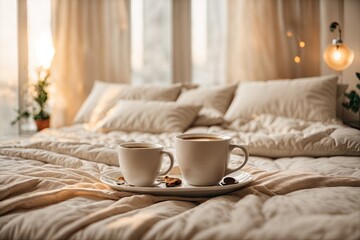 Fototapeta na wymiar Cozy light beige Bedroom with cup of coffee pillows. ai generative