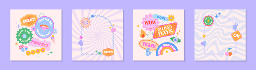 Vector social media templates with patches and stickers in 90s style.Modern emblems in y2k aesthetic with spiral and wavy backgrounds.Trendy funky designs for banners; branding; packaging; covers