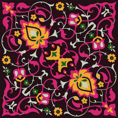A vibrant floral pattern on a contrasting black backdrop